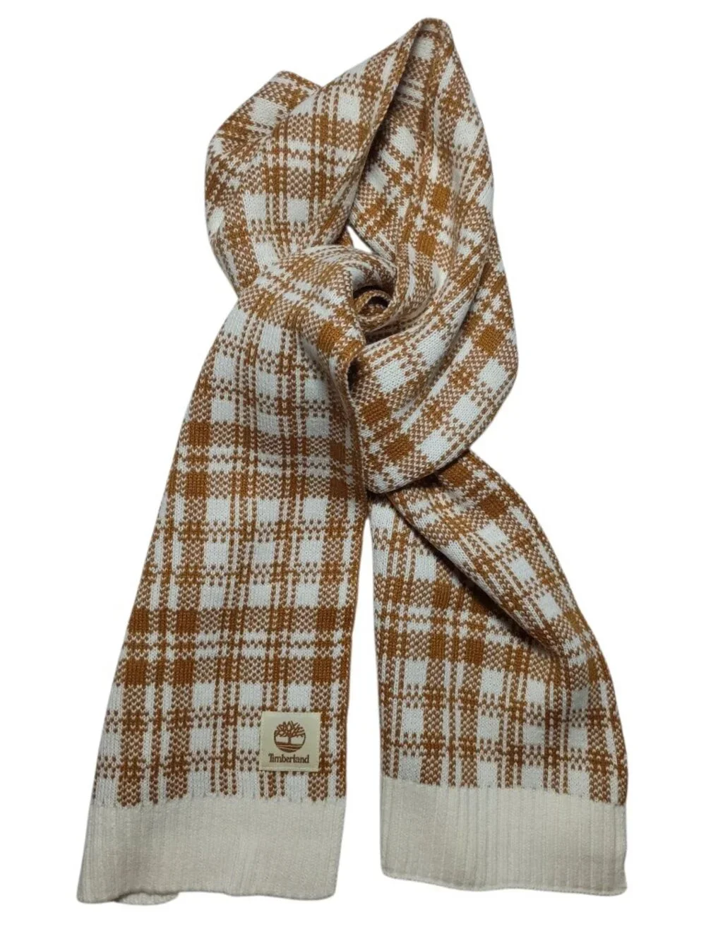 Timberland Plaid Scarf Neutral Brown / Cream Knit Soft Ribbed Edge Soft Warm